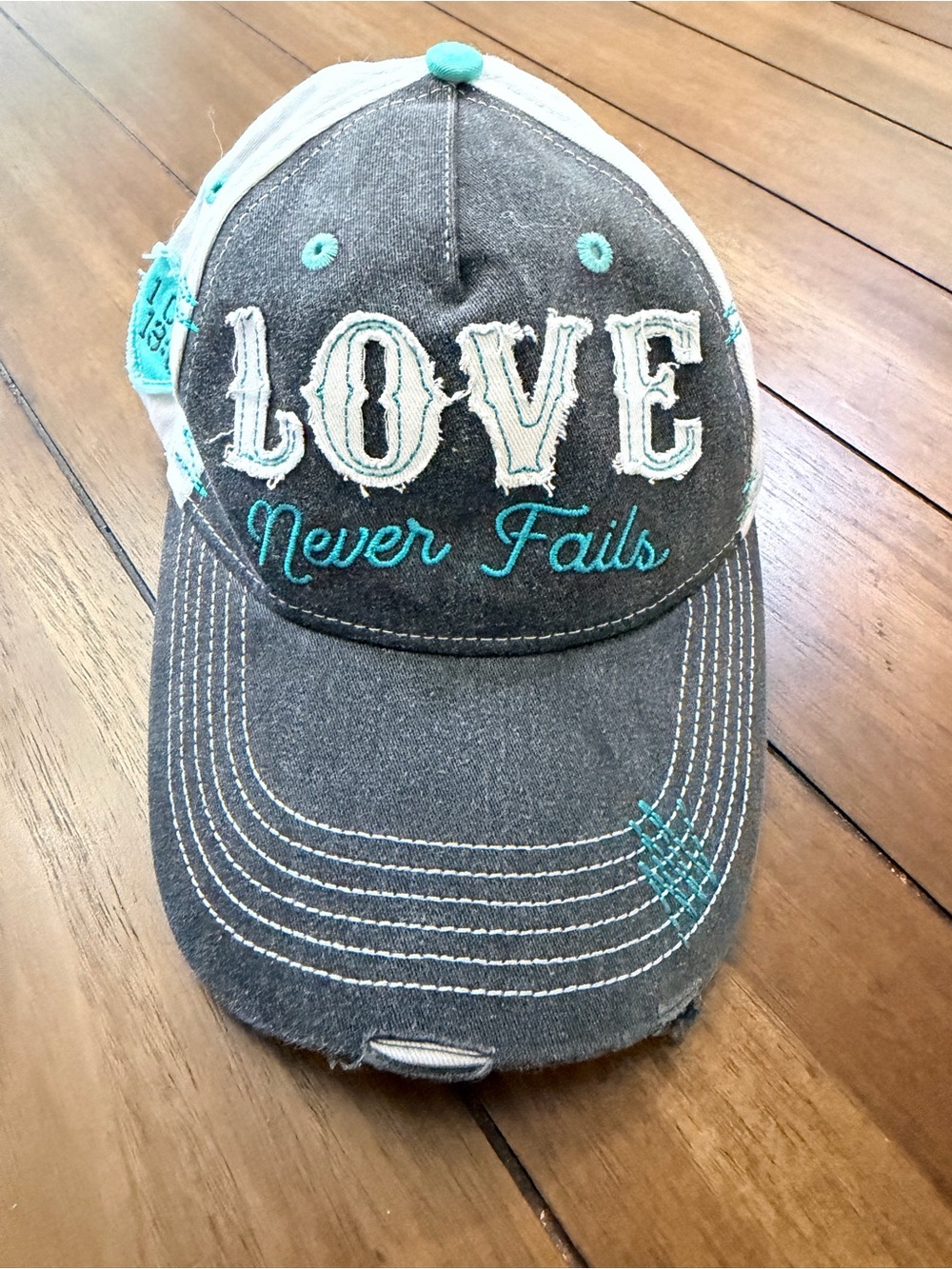 Cherished Girl Love Never Fails Christian Distressed Baseball Hat Cap Gray White